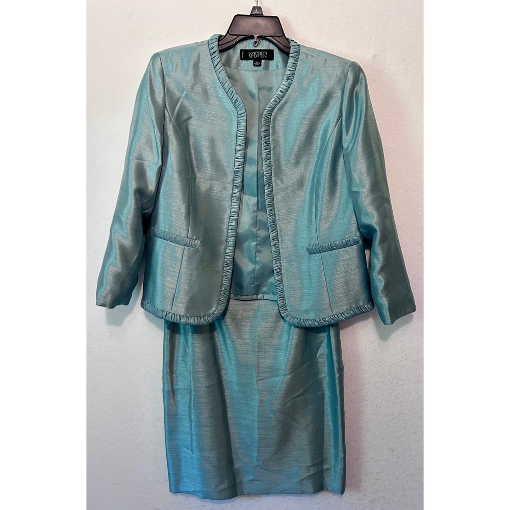 Kasper Petite 10P Skirt Suit Aqua Blue Shimmer Ruffle Trim Open Jacket Set